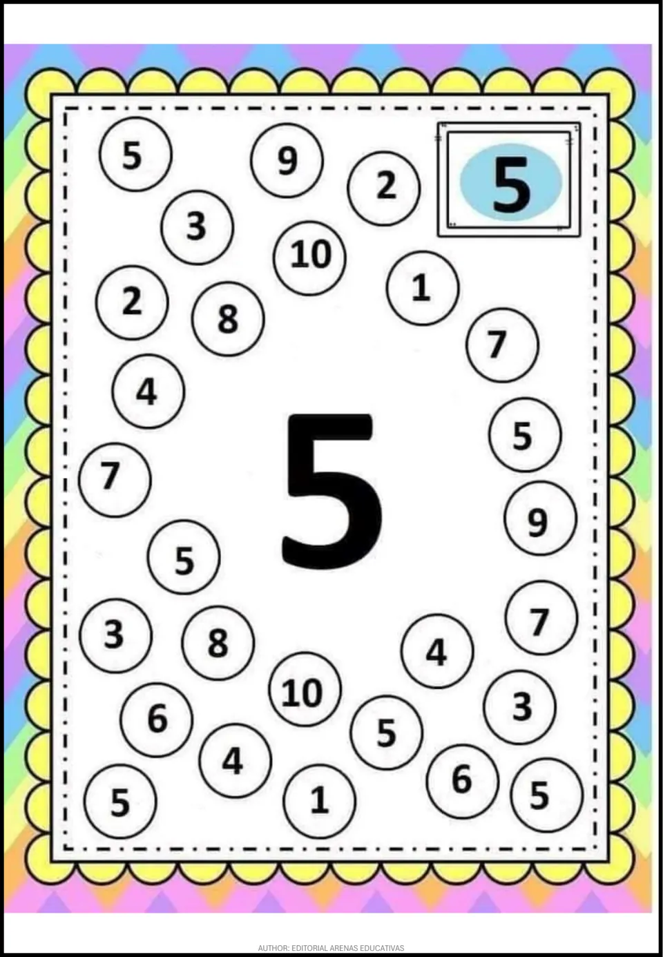 Number 5 recognition activity: a large 5 and mixed numerals from 1 to 10, including repeated 5s to find