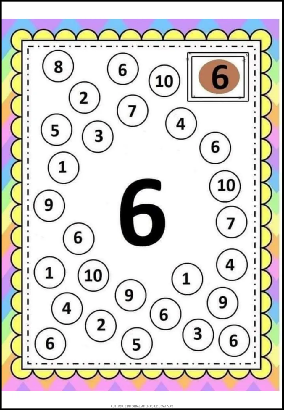Number 6 recognition activity: a large 6 and mixed numerals from 1 to 10, including repeated 6s to find