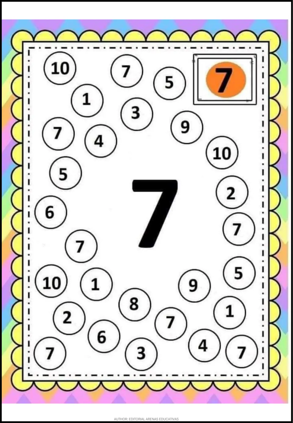 Number 7 recognition activity: a large 7 and mixed numerals from 1 to 10, including repeated 7s to find