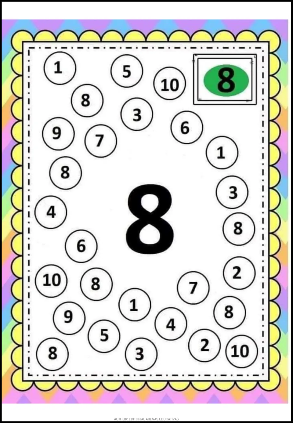 Number 8 recognition activity: a large 8 and mixed numerals from 1 to 10, including repeated 8s to find