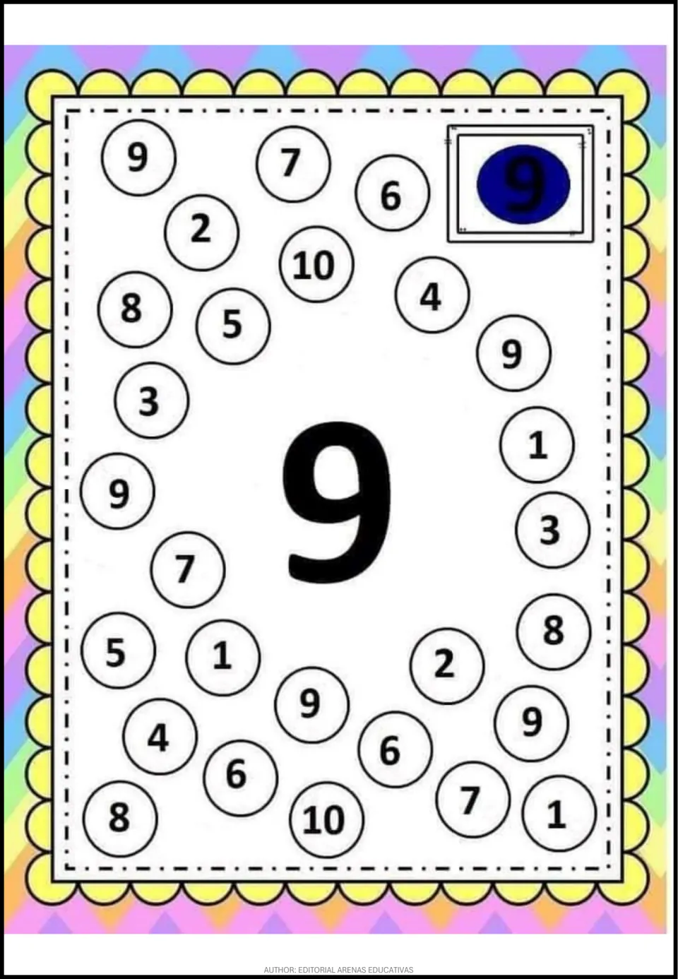 Number 9 recognition activity: a large 9 and mixed numerals from 1 to 10, including repeated 9s to find