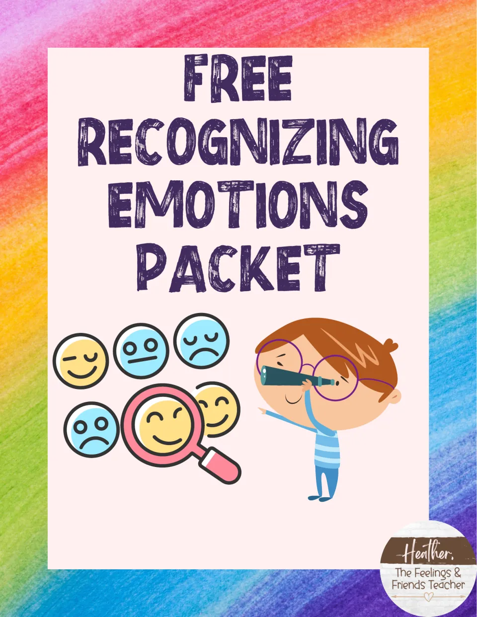 Cover of the free Recognizing Emotions Packet, showing emoji faces under a magnifying glass and a boy with a spyglass