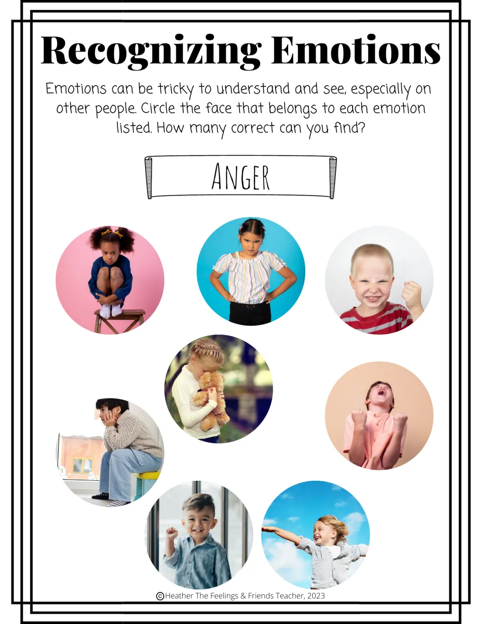 Anger: students examine eight photos of children and circle those showing anger, like a frown with hands on hips
