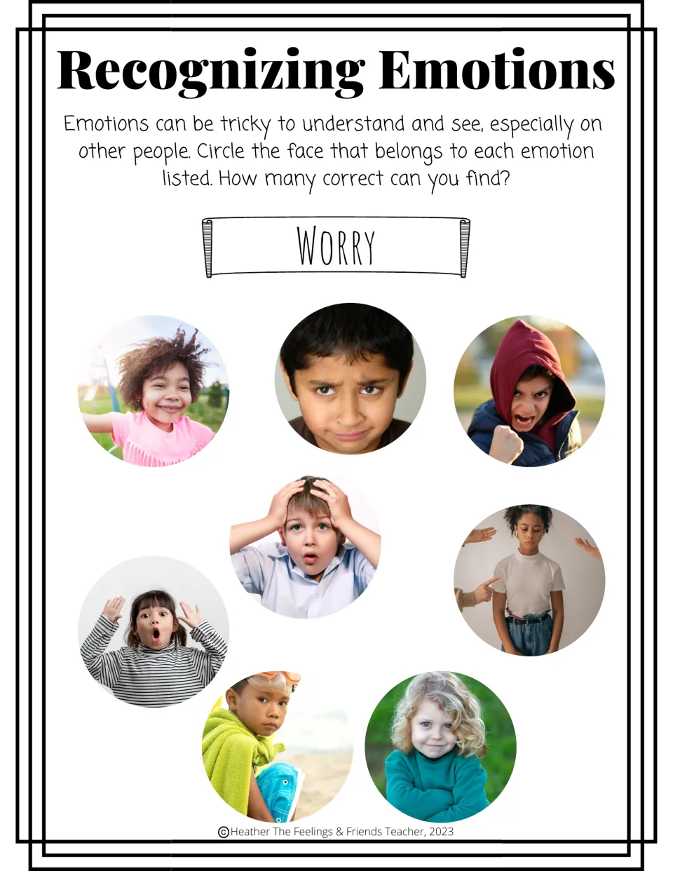 Worry: students scan eight photos of children and circle the faces that look worried, such as hands clutching a head