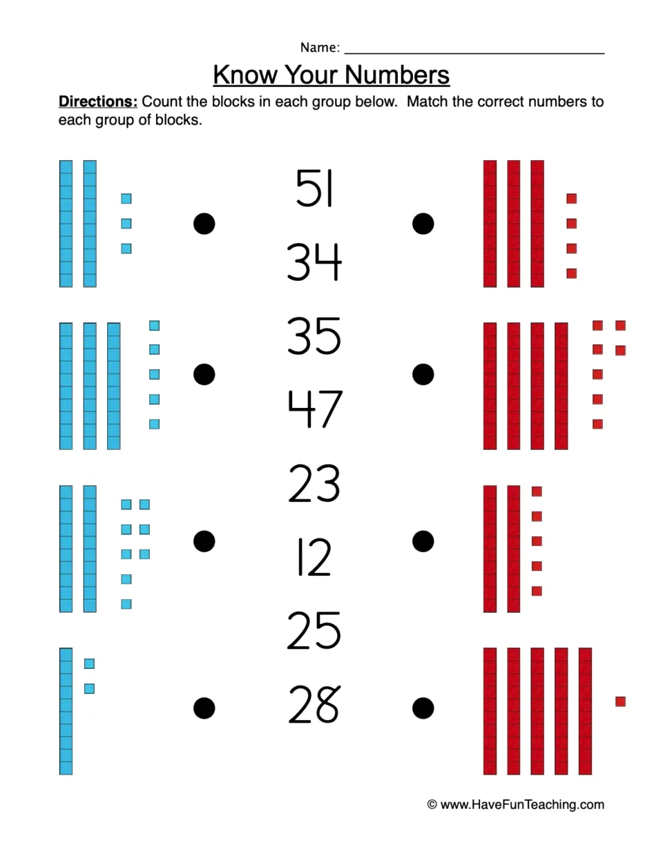 Know Your Numbers: students count tens rods and ones blocks in 8 groups and match each to a number from 12 to 51