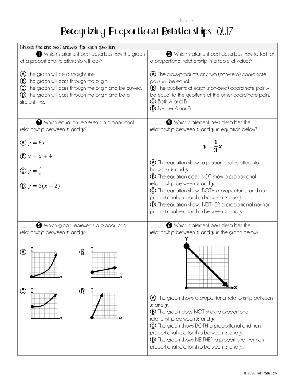 Quiz questions 1–6 on proportional relationships: graph features, table tests, equations, and graph choices