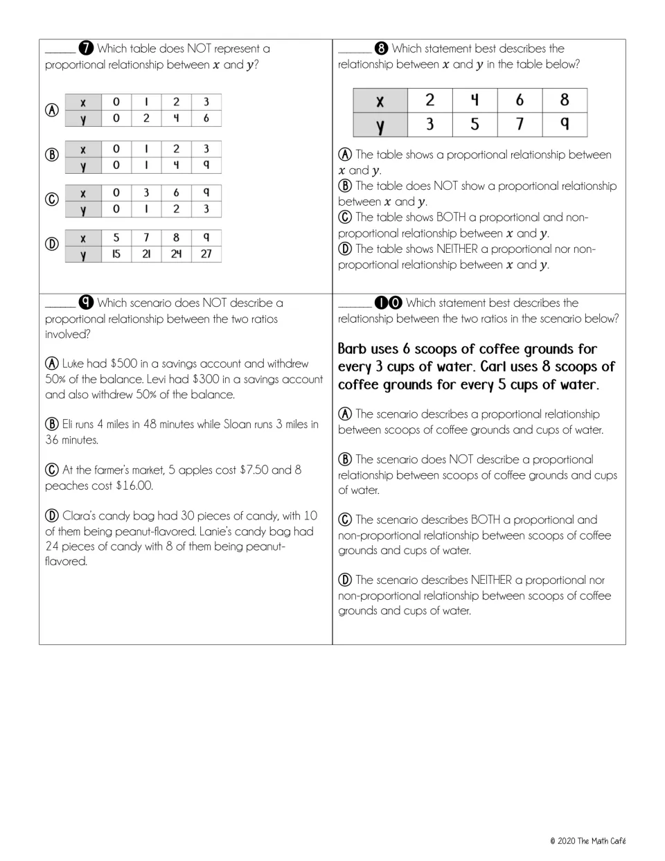 Quiz questions 7–10 on proportional relationships in tables and scenarios, including coffee-to-water ratios
