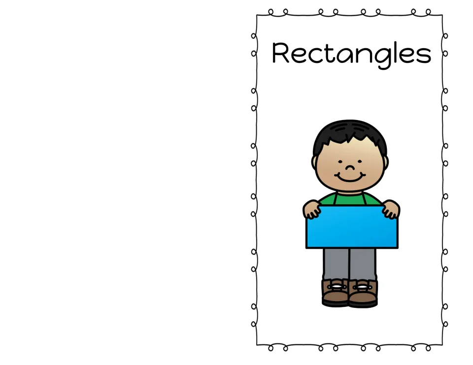 Cover of the packet's shape book titled 'Rectangles', showing a child holding a blue rectangle.
