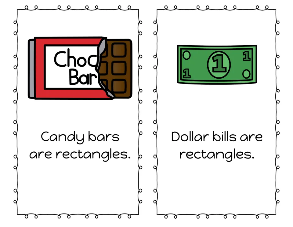 Shape book pages 1–2: candy bars and dollar bills pictured with sentences identifying them as rectangles.