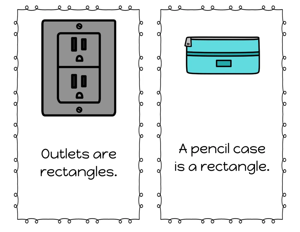 Shape book pages 5–6: outlet and pencil case pictures accompany sentences naming their rectangle shape.