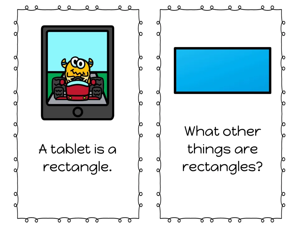 Shape book pages 7–8: 'A tablet is a rectangle' and 'What other things are rectangles?' with matching pictures.