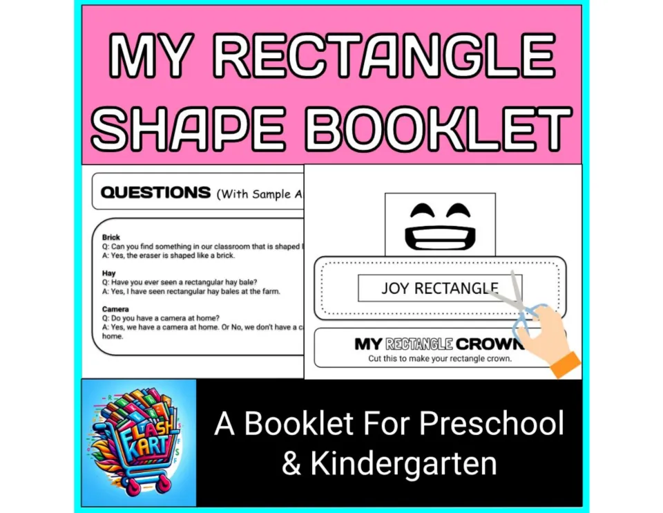 My Rectangle Shape Booklet cover for preschool and kindergarten, previewing shape questions and a rectangle crown