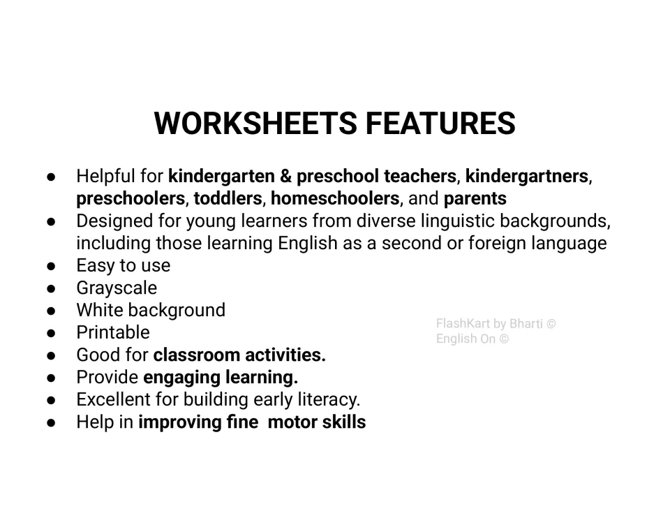 Features list: grayscale printable pages on a white background, designed for young children and English learners