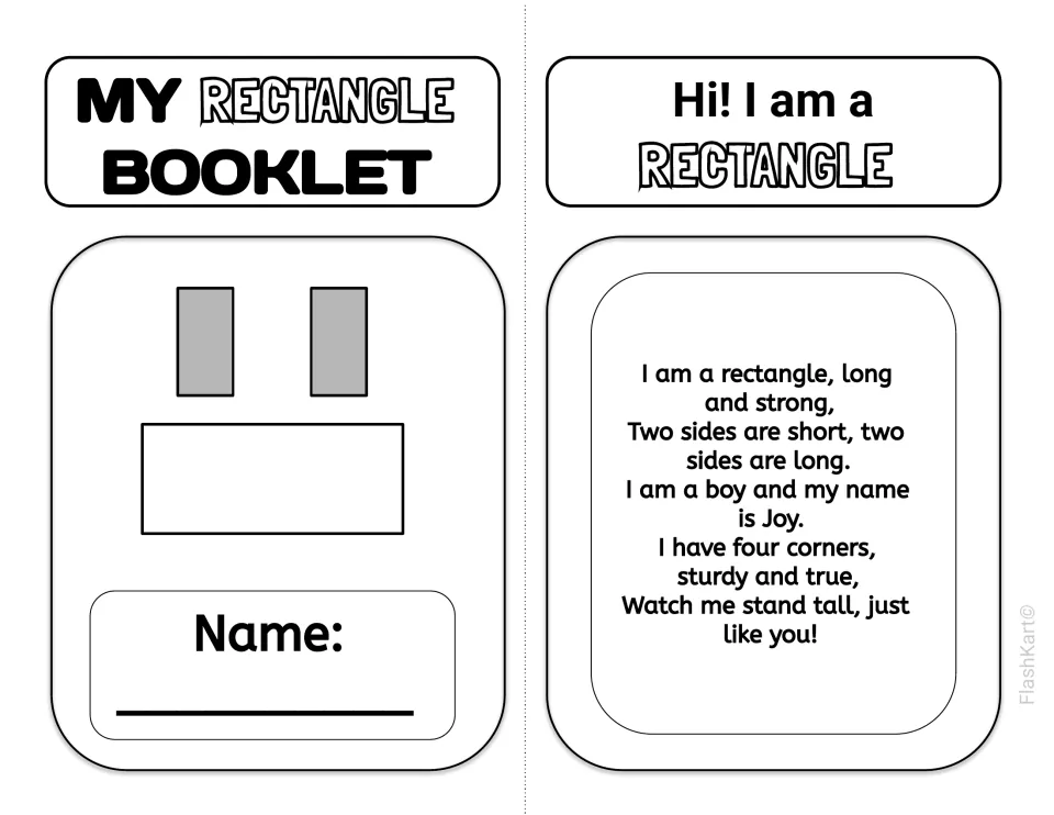 My Rectangle Booklet front with a name line, beside a rhyme in which Joy the rectangle describes his sides and corners