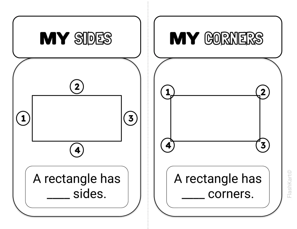 Rectangle sides and corners: students count the numbered sides and corners, then write how many a rectangle has