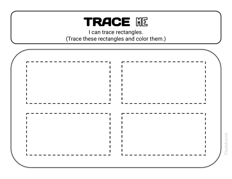 Trace Me: children trace four dashed rectangles and then color them in to practise drawing the rectangle shape
