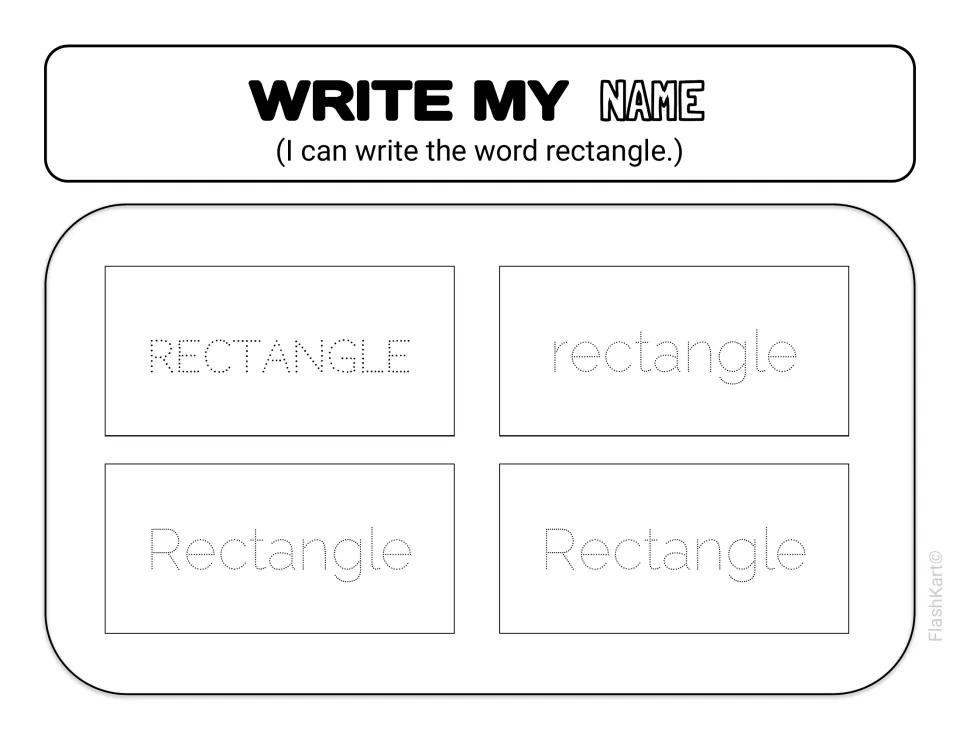 Write My Name: children trace the dotted word rectangle in capitals, lowercase and title case for shape-word spelling