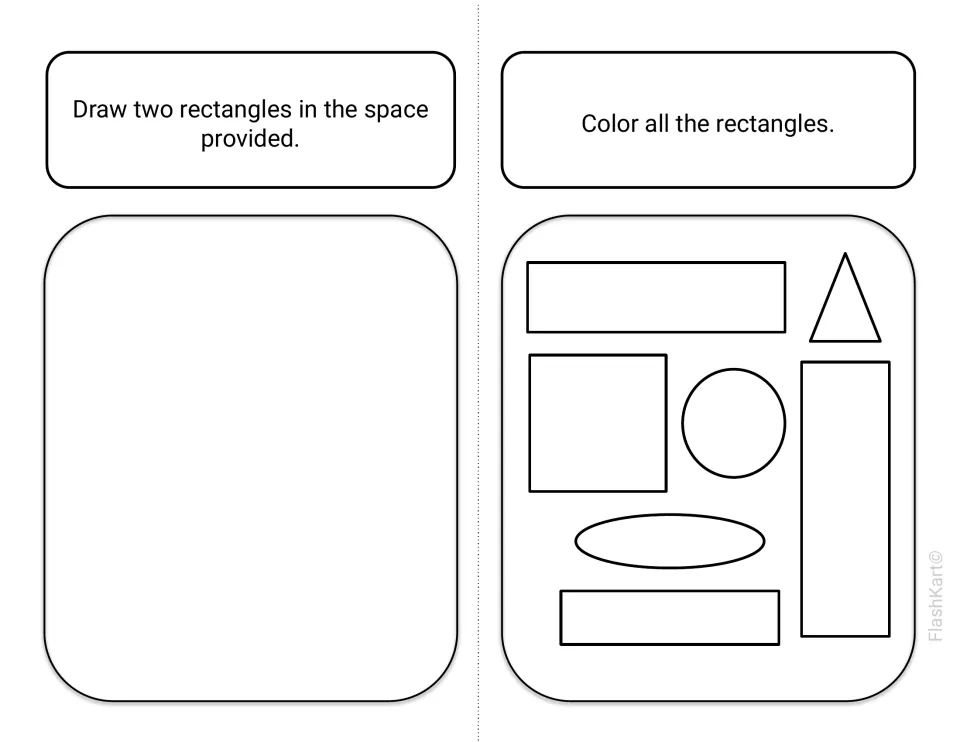 Finding rectangles: students draw two rectangles, then color only the rectangles among a circle, oval and triangle