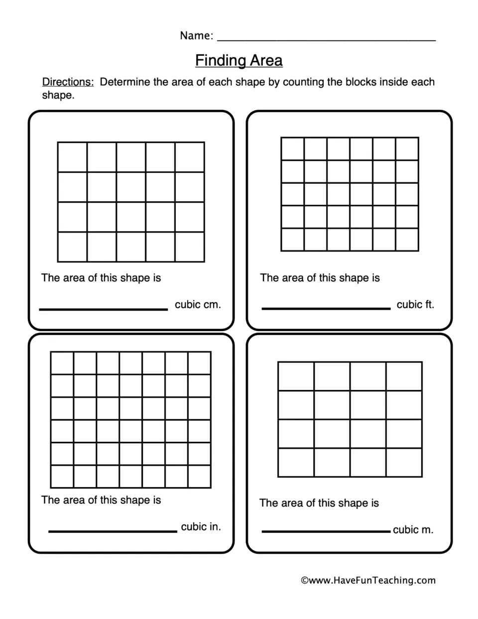 Finding Area: students count the unit squares inside four rectangles (5x4, 6x5, 7x6, 4x4) and write each area