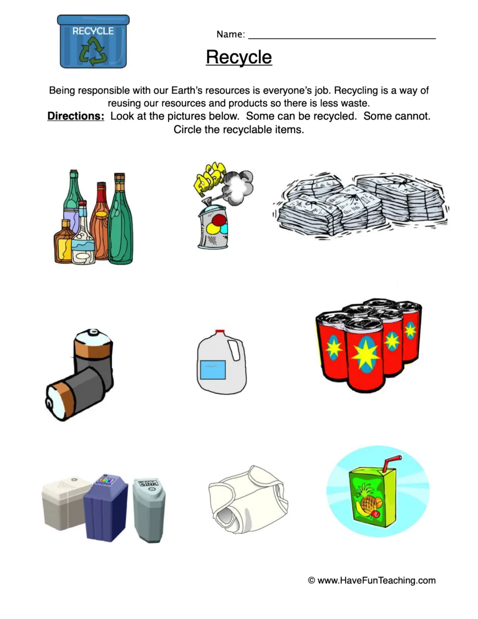 Recycling worksheet: circle recyclable items among bottles, newspapers, batteries, a milk jug, and more.
