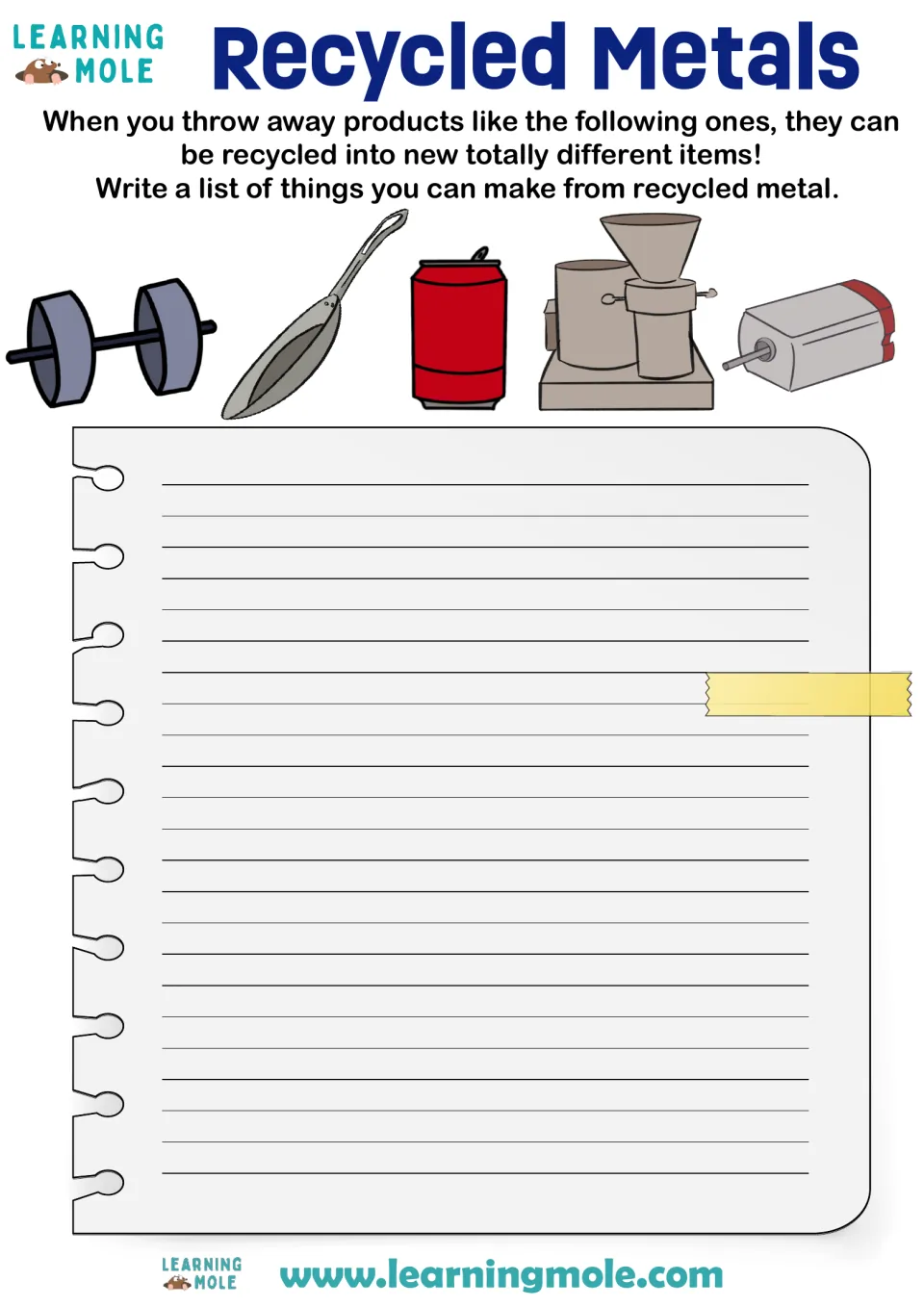 Recycled metals: students view a dumbbell, frying pan, soda can and motor, then list new items made from recycled metal