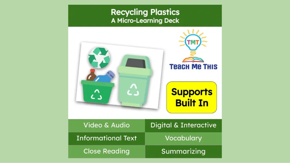 Micro-learning deck cover introduces plastic recycling, video and audio, vocabulary, and summarizing.