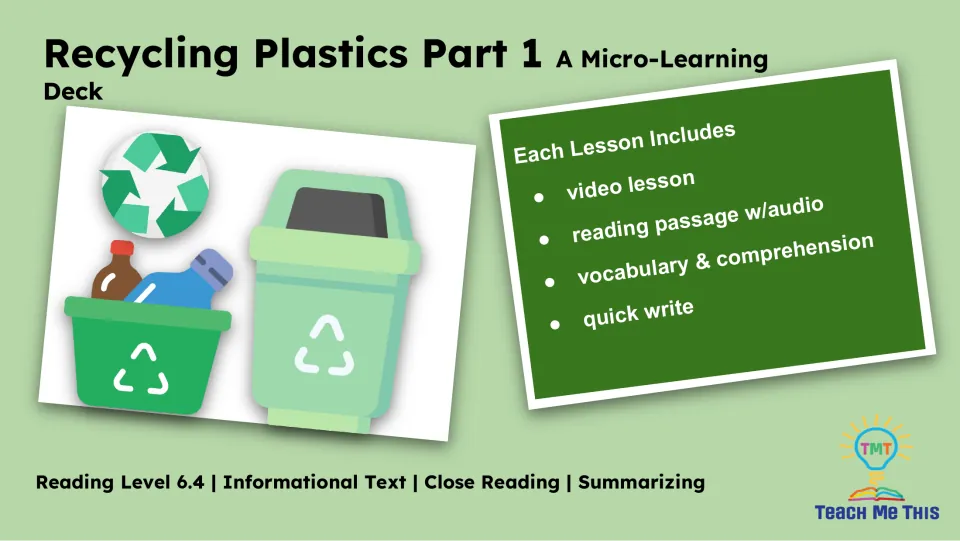Lesson overview lists a video lesson, reading passage with audio, vocabulary and comprehension, and quick write.