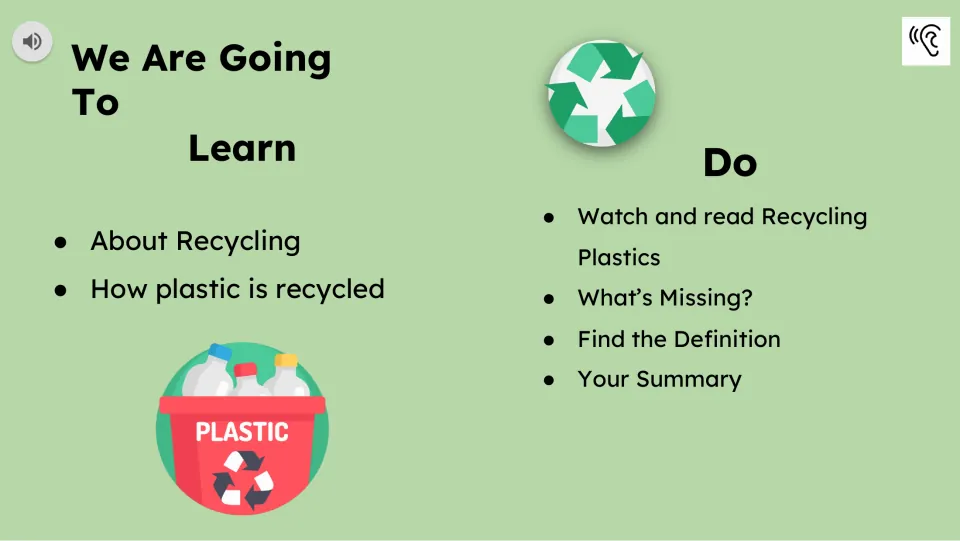 Lesson objectives introduce recycling and how plastic is recycled, followed by reading and vocabulary tasks.