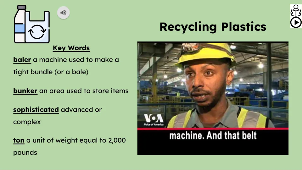 Video lesson slide defines baler, bunker, sophisticated, and ton beside a recycling-center video still.