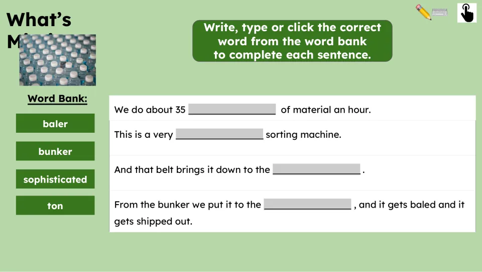 Vocabulary completion activity uses baler, bunker, sophisticated, and ton to fill four sentences from the reading.