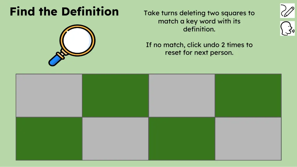 “Find the Definition” activity asks students to reveal pairs and match a key word with its definition.