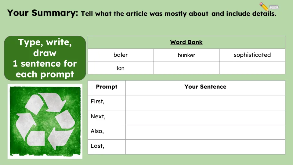 Summary task asks for one sentence each using First, Next, Also, and Last, with four vocabulary words for support.