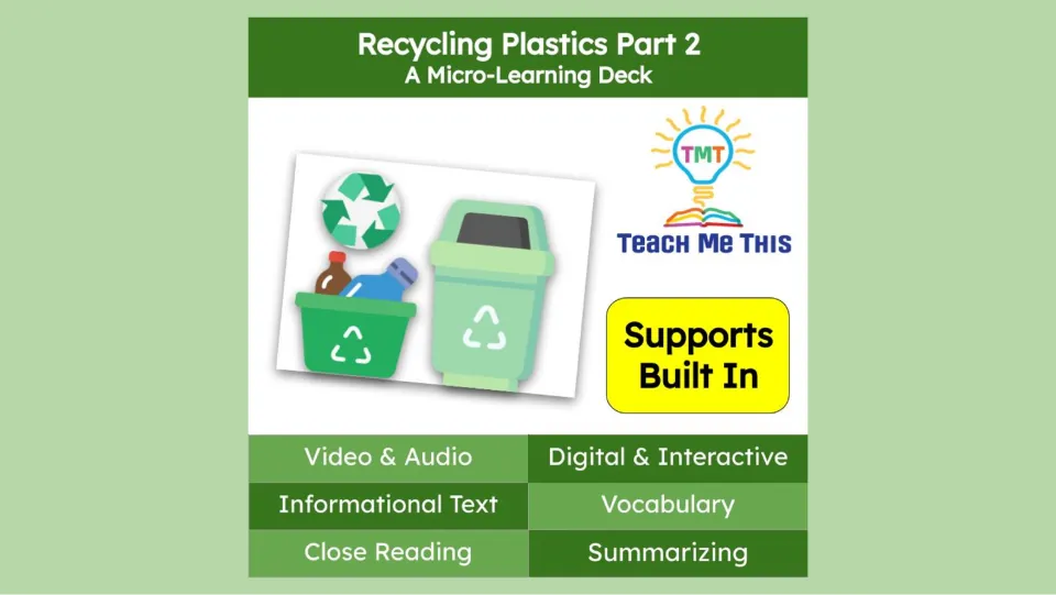 Cover of Recycling Plastics Part 2, a micro-learning deck featuring video, audio, reading, and vocabulary