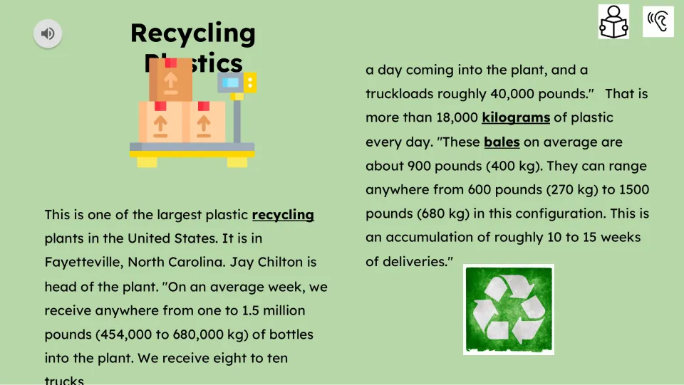 Reading passage begins at a Fayetteville recycling plant, describing truck deliveries and plastic bale weights