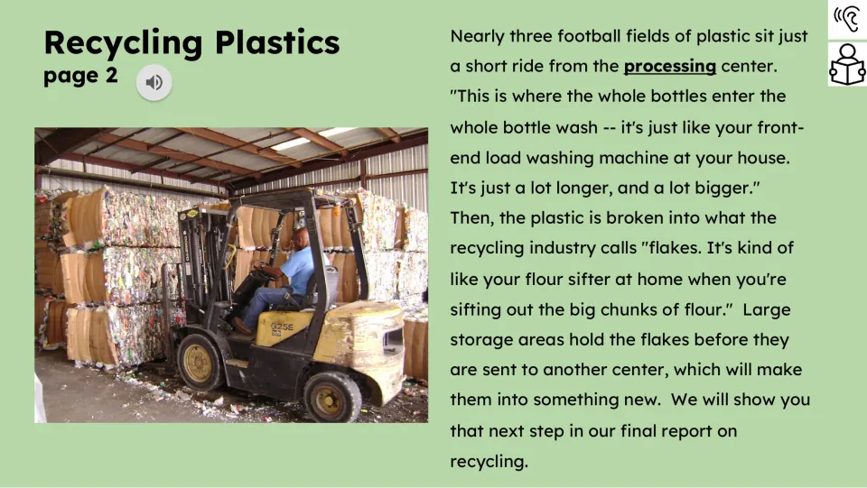 Reading passage continues with washing bottles, breaking plastic into flakes, and storing flakes for shipment