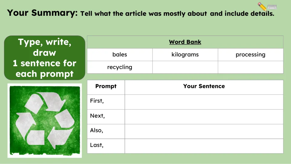 Summary activity asks for one sentence per prompt: First, Next, Also, and Last, with a recycling word bank