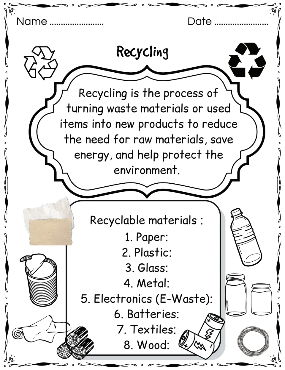 Recycling definition and 8 recyclable materials, from paper and plastic to textiles and wood, for students to fill in