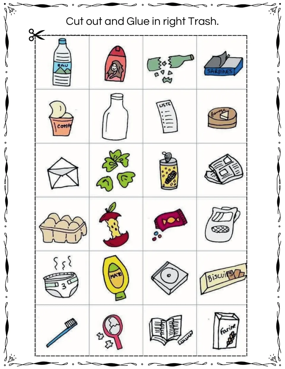 Cut out and glue in right trash: 24 picture cards of household waste like a water bottle, newspaper, egg carton and diaper
