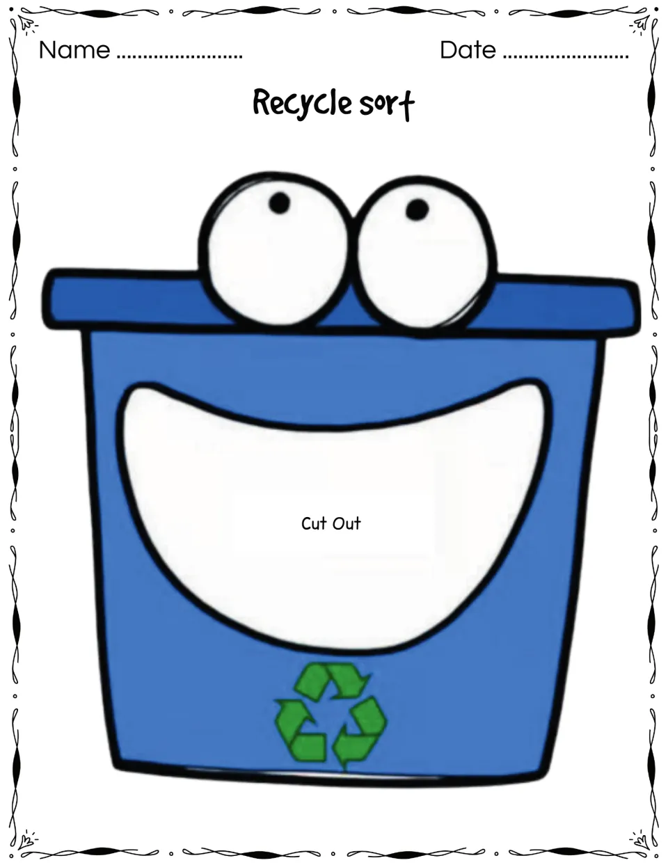 Recycle sort bin craft: smiling blue bin with a green recycle symbol and a mouth marked Cut Out for posting recyclables