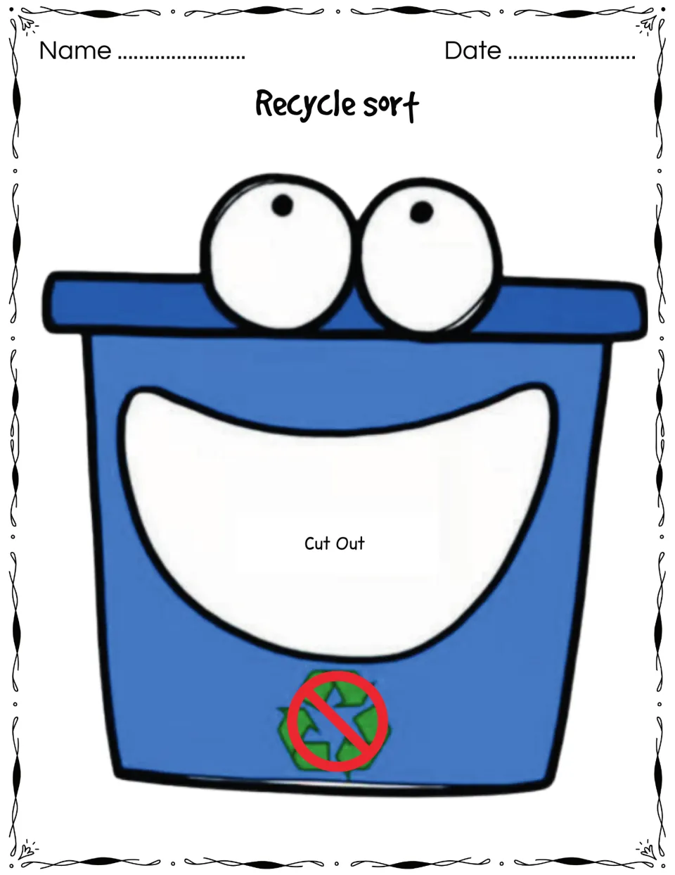 Not-recyclable bin craft: blue bin with a crossed-out recycle symbol and a mouth marked Cut Out for posting trash items
