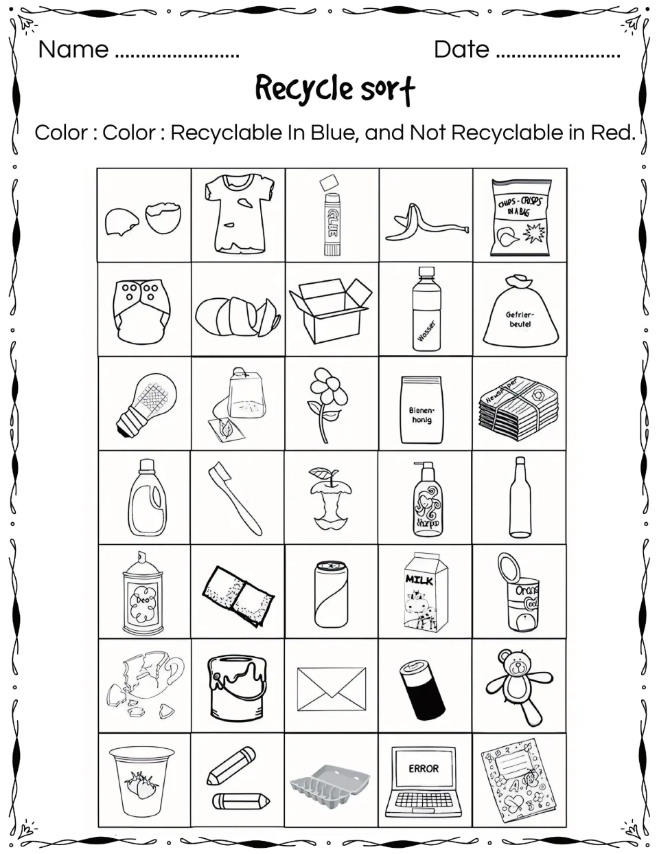 Recyclable or not: students color 35 items blue if recyclable or red if not, like a milk carton, light bulb and teddy bear