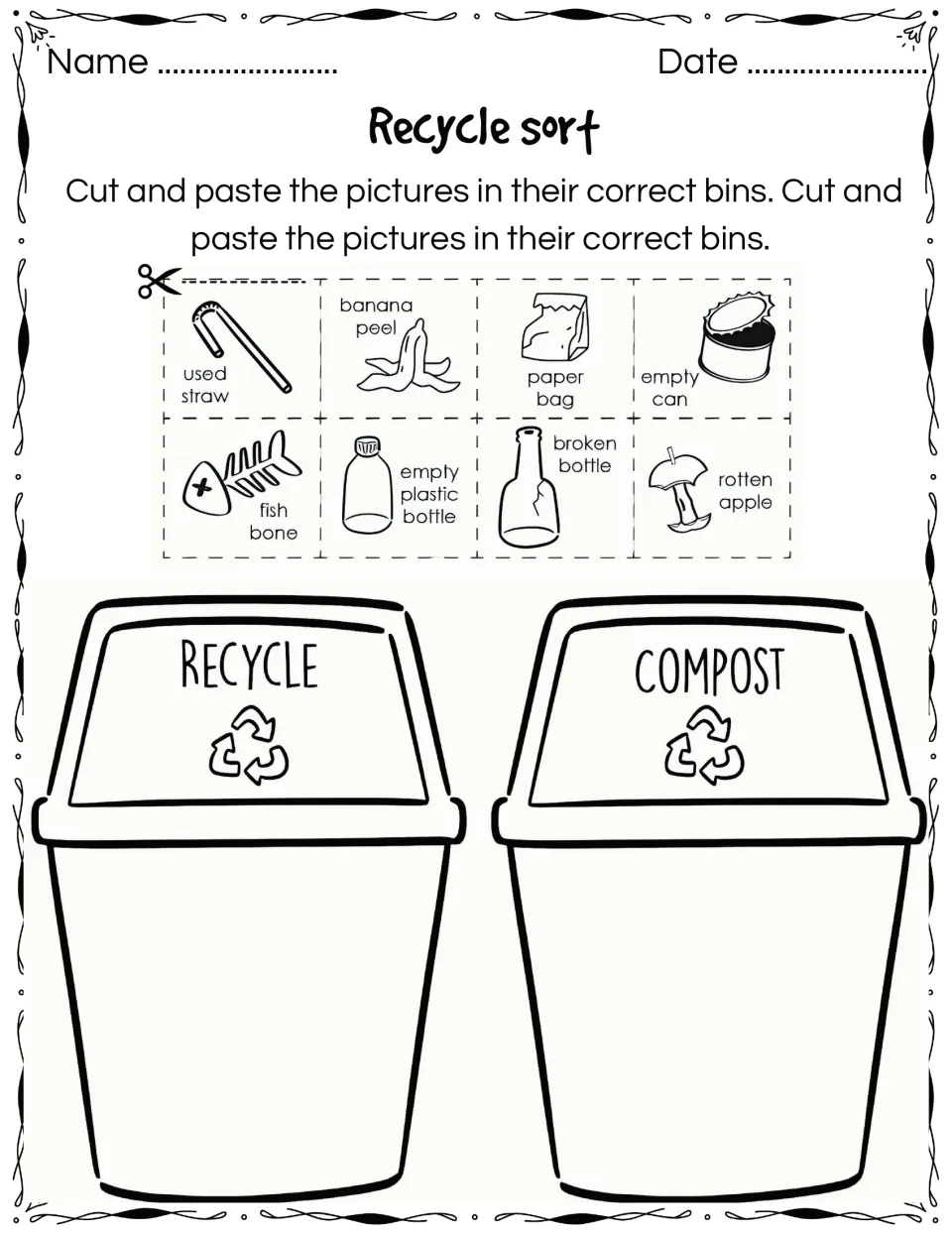 Recycle or compost: students cut out 8 labeled items, like fish bone, paper bag and empty can, and paste each in its bin