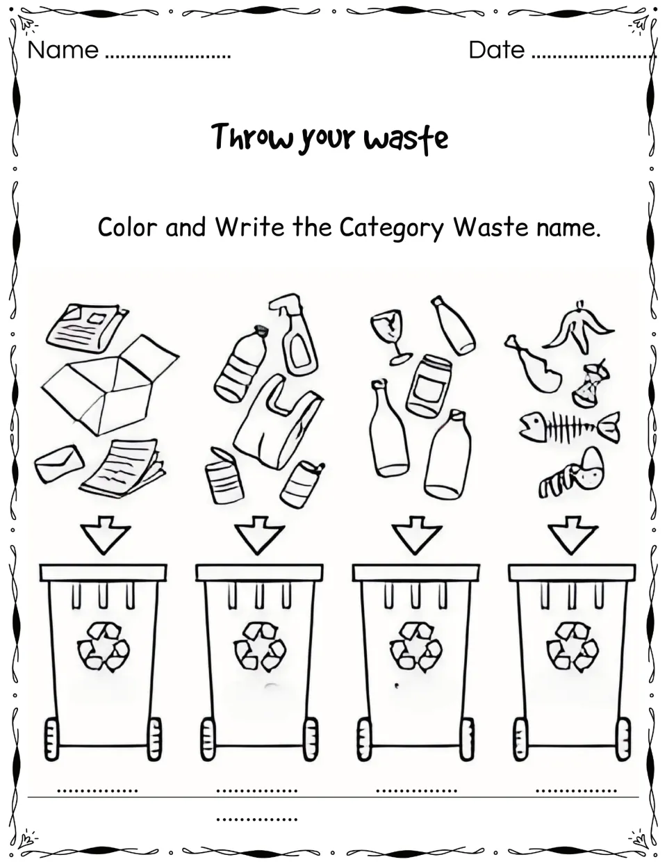 Throw your waste: students color four groups of waste, from paper and bottles to food scraps, and write each bin's category