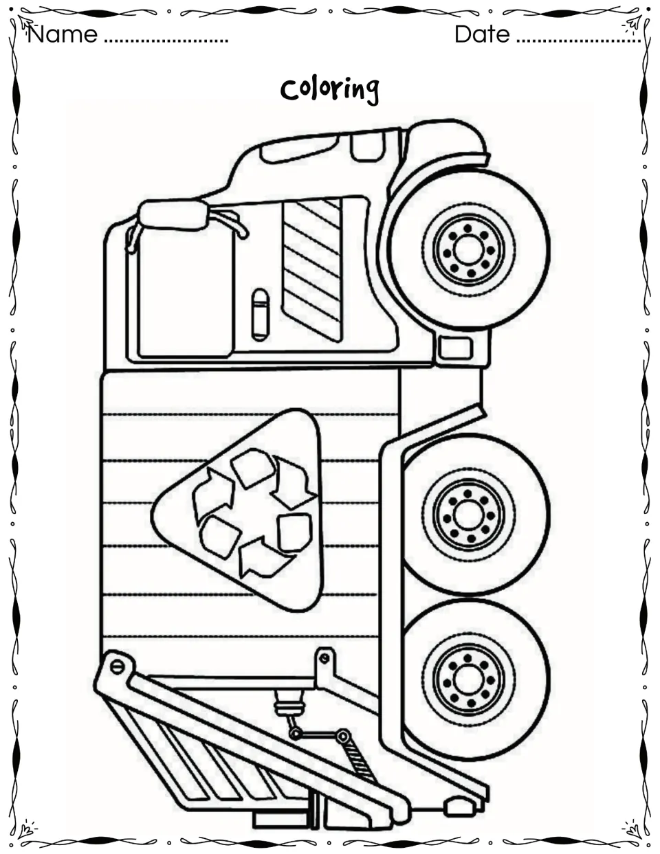 Coloring page of a recycling truck with a large recycle symbol on its side, for students to color in
