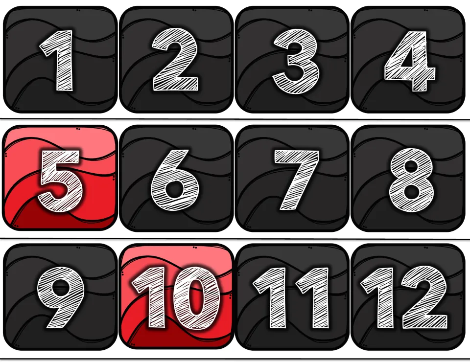 Number line cards 1 to 12 in white on black, with 5 and 10 on red to mark the multiples of five for counting by fives