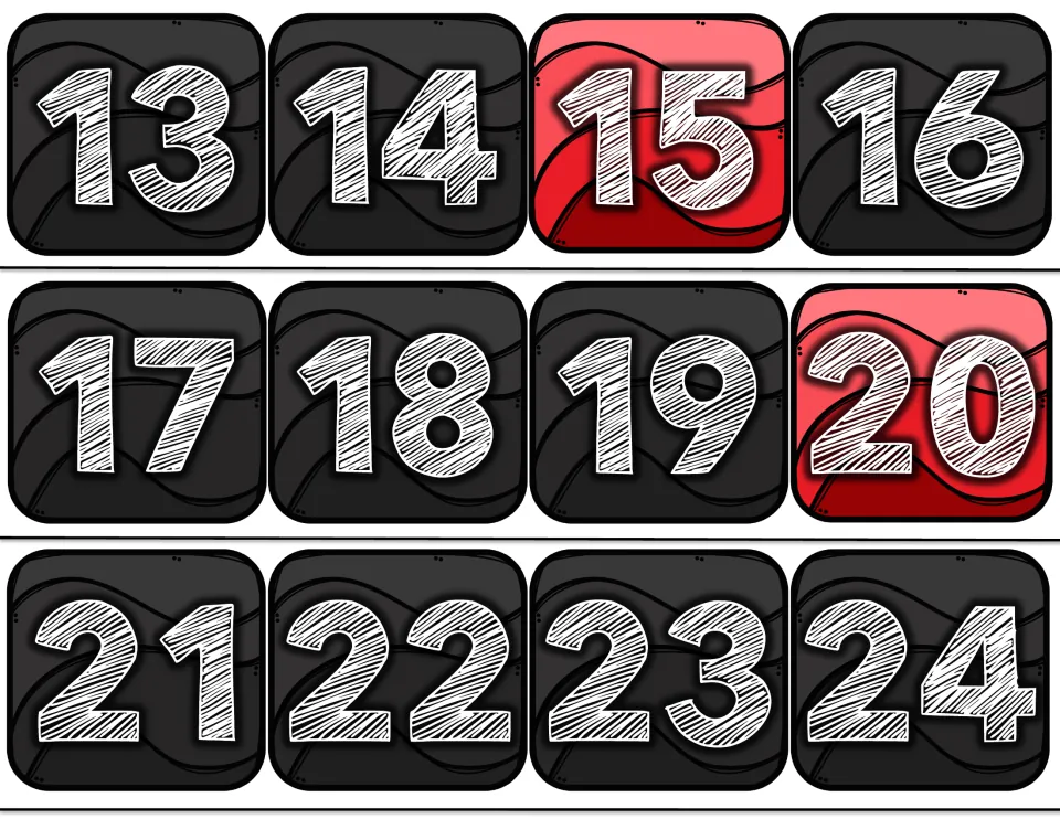 Number line cards 13 to 24 for the wall display, with 15 and 20 in red to mark stops when skip counting by 5