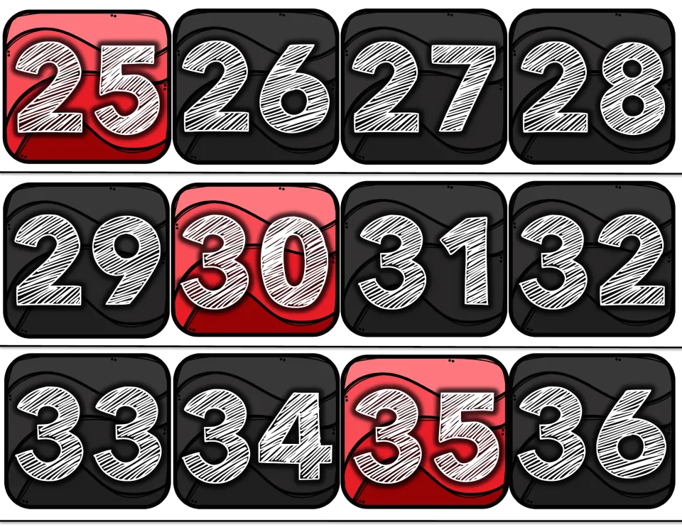 Number line cards 25 to 36, with 25, 30 and 35 in red to highlight multiples of five for skip counting and rounding to tens