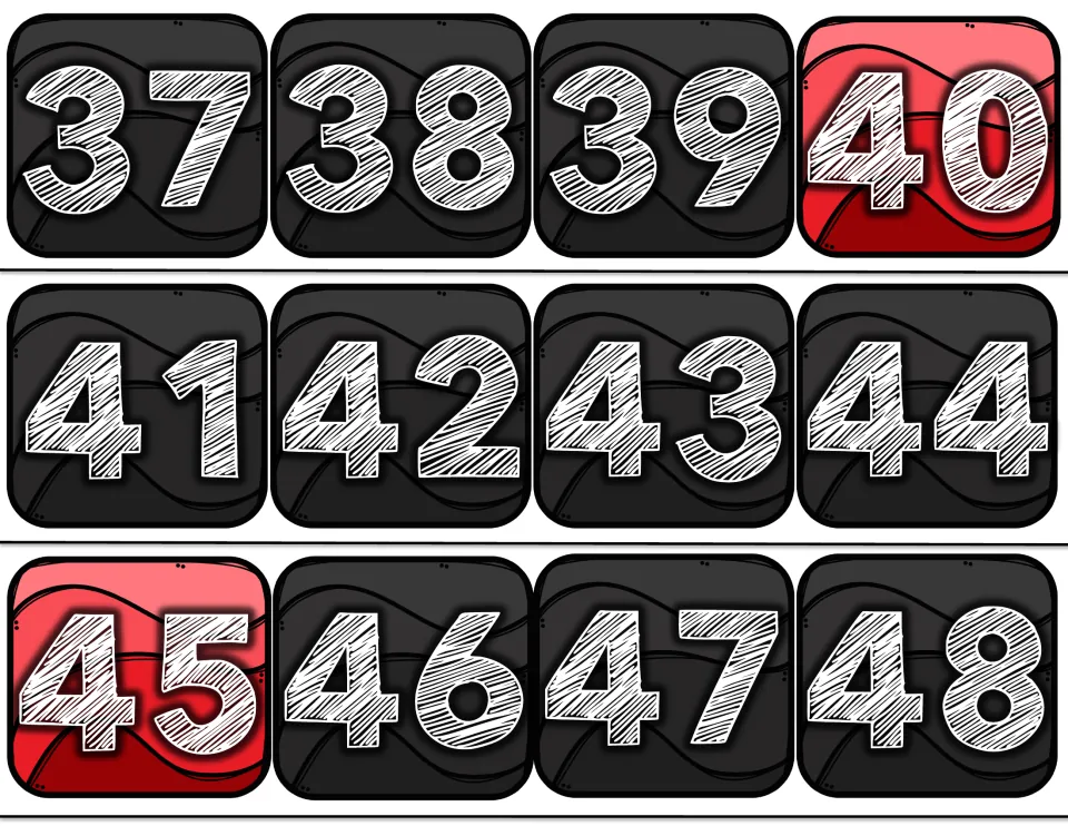 Number line cards 37 to 48 in white chalk-style digits, with 40 and 45 on red to show the fives when counting up the line