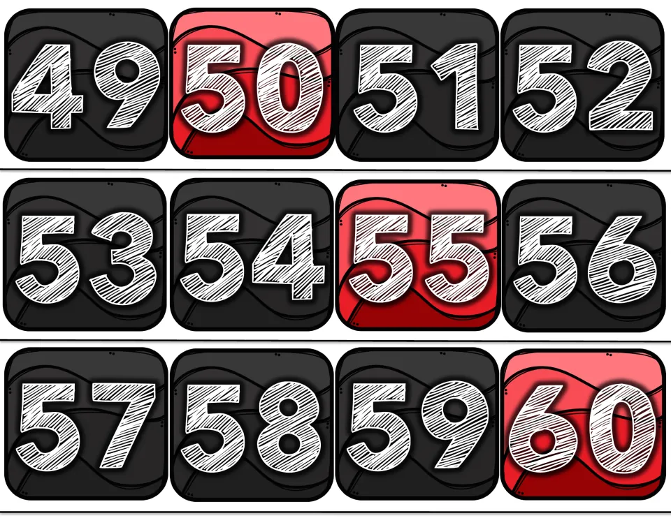 Number line cards 49 to 60, where 50, 55 and 60 appear in red as landmark numbers for rounding and counting by fives