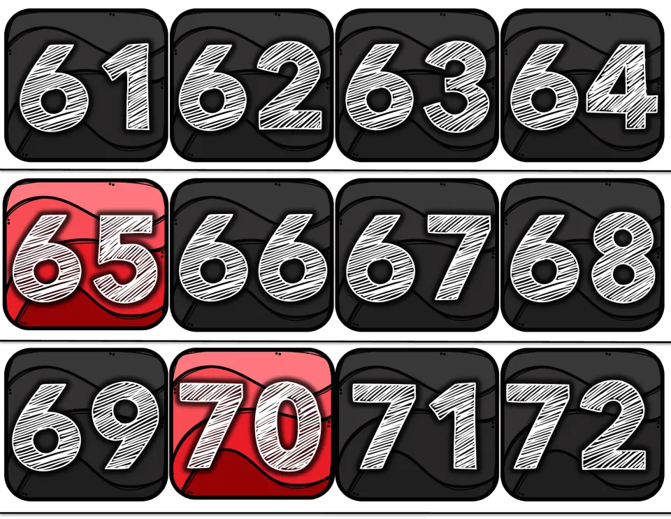 Number line cards 61 to 72 for posting in order, with 65 and 70 in red as the multiples of five on this stretch